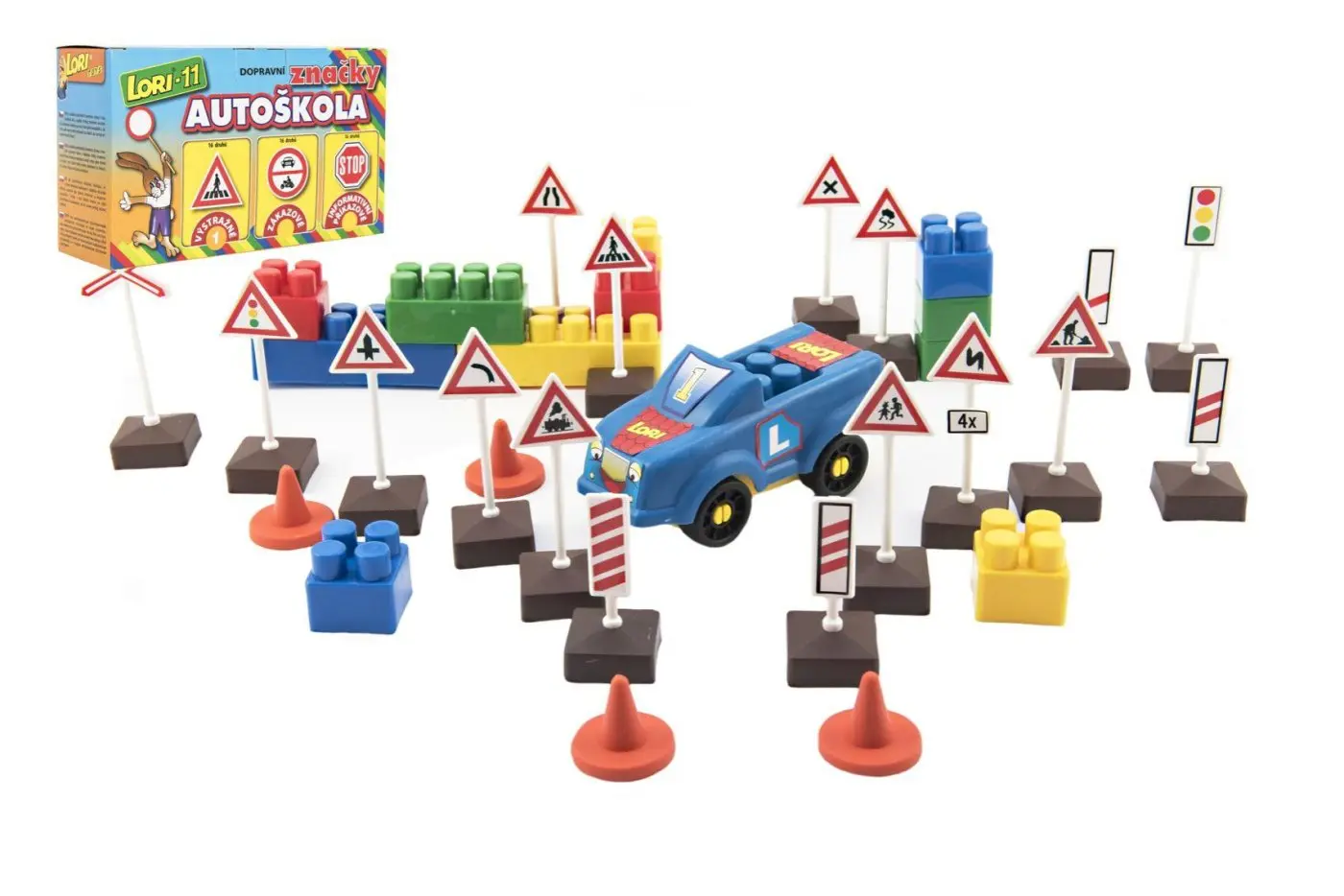 Stavebnice Lori 11 Autoškola Dopravní značky 16 ks + 2 kužely + auto - Logbal