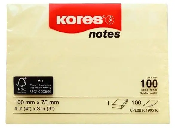 Bloček samolepící 100x75mm 100 žlutý listů Kores