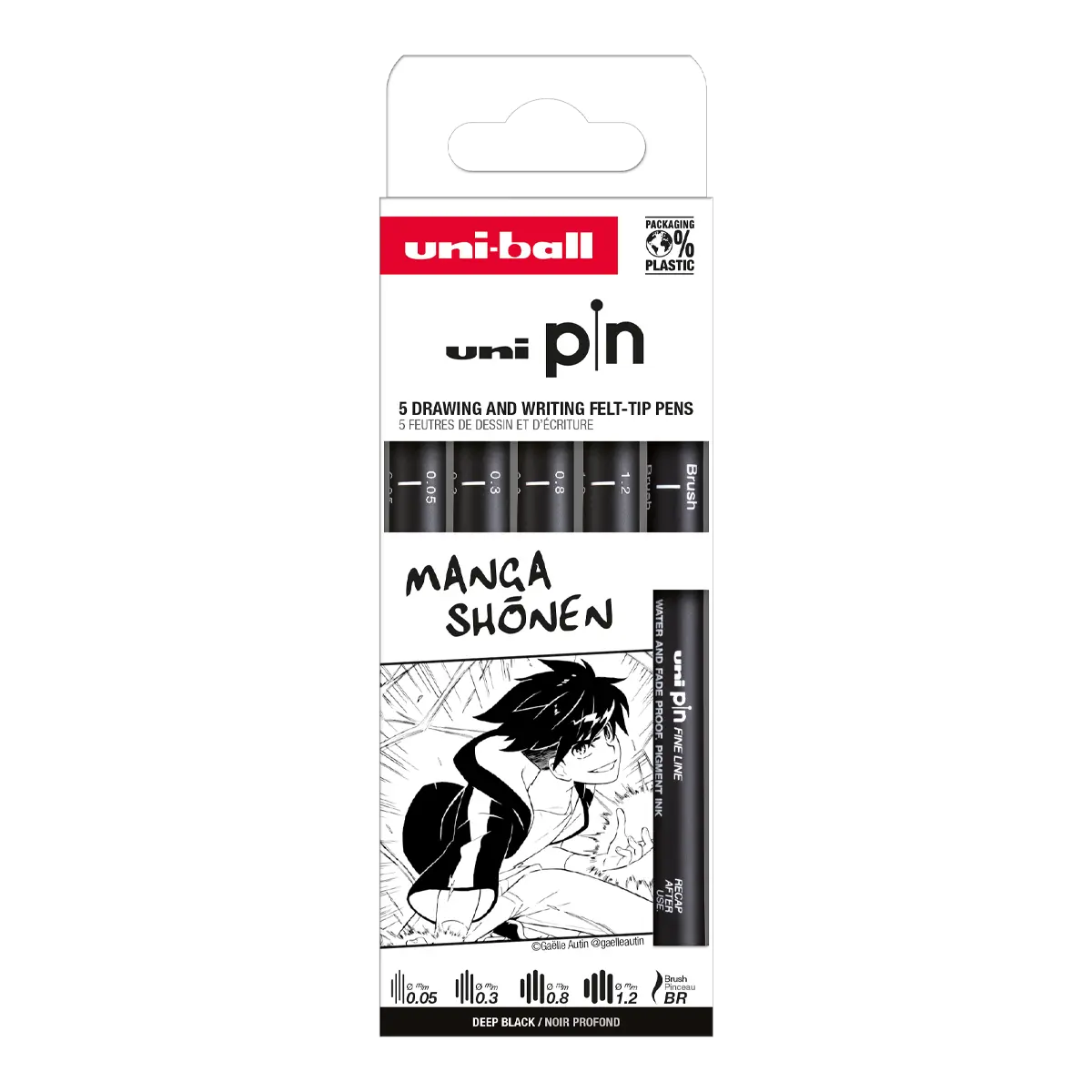 UNI PIN Drawing - Manga Shonen, sada linerů, 5 ks, (0,05 mm/ 0,3 mm/ 0,8 mm/ BR), černá