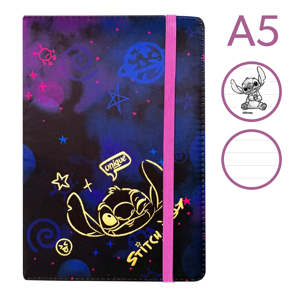 Colorino zápisník s gumičkou, Stitch Gold 1, A5, 80 g, 80 stránek, linkovaný