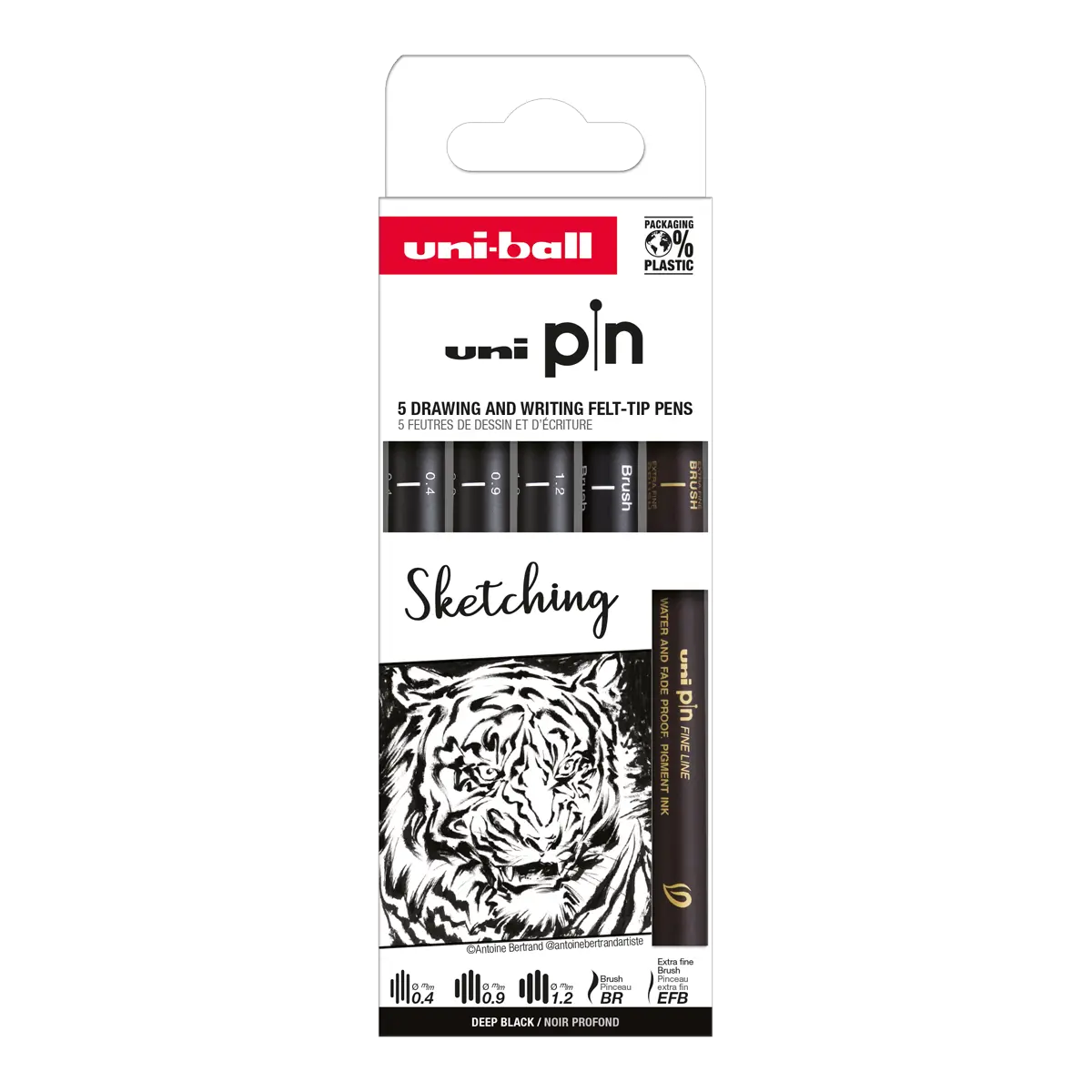 UNI PIN Drawing - Sketching, sada linerů, 5 ks, (0,4 mm/ 0,9 mm/ 1,2 mm/ BR/ EFB), mix barev