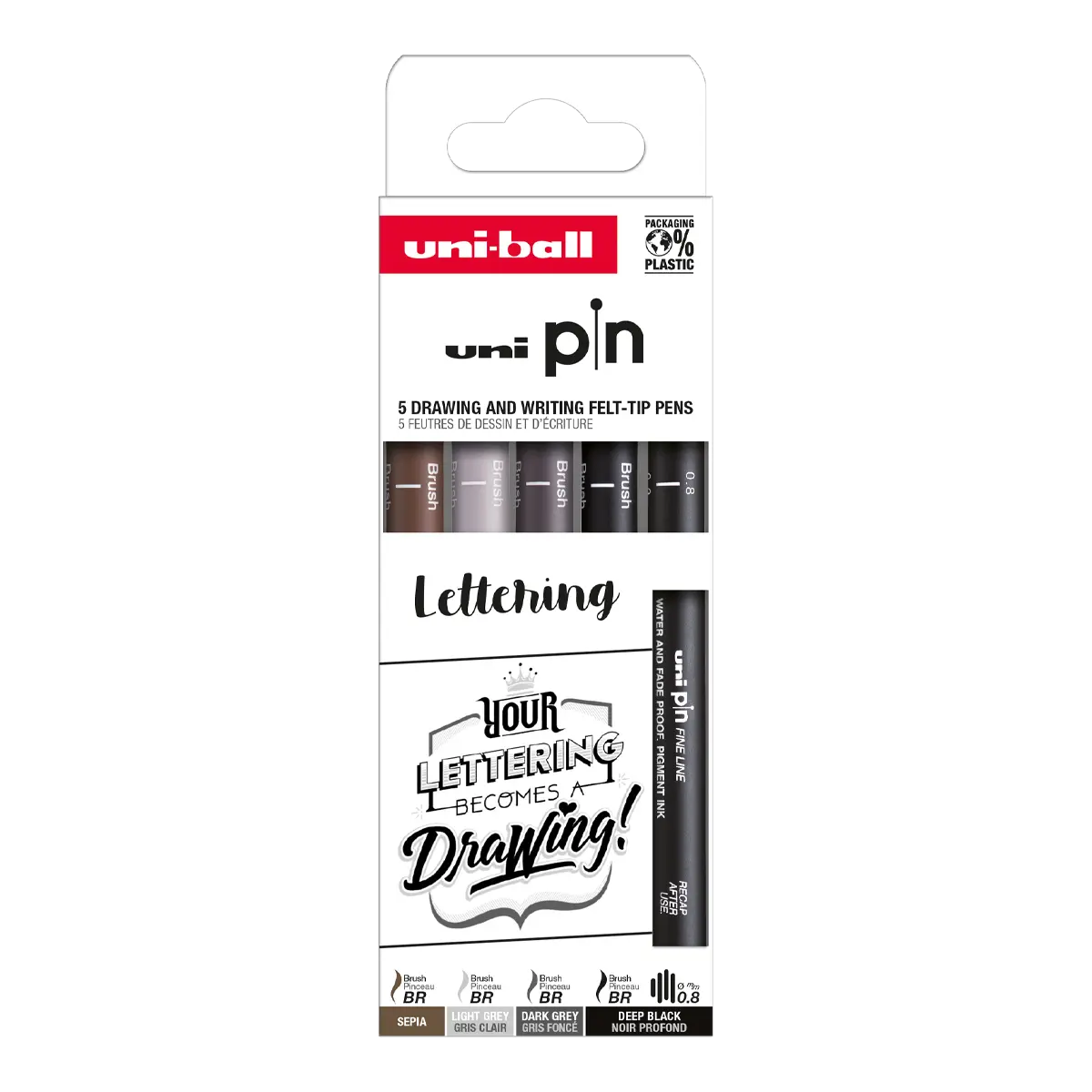 UNI PIN Creative Writing - Lettering, sada linerů, 5 ks, (0,8 mm/ BR), mix barev