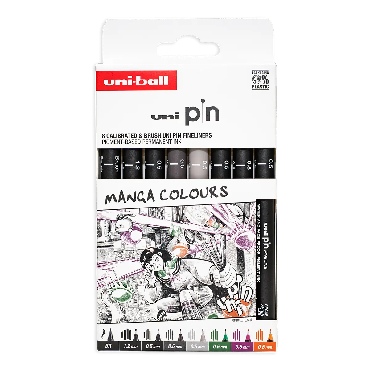 UNI PIN Manga Colours, 8 ks, (0,5 mm/ 1,2 mm/ BR), mix barev