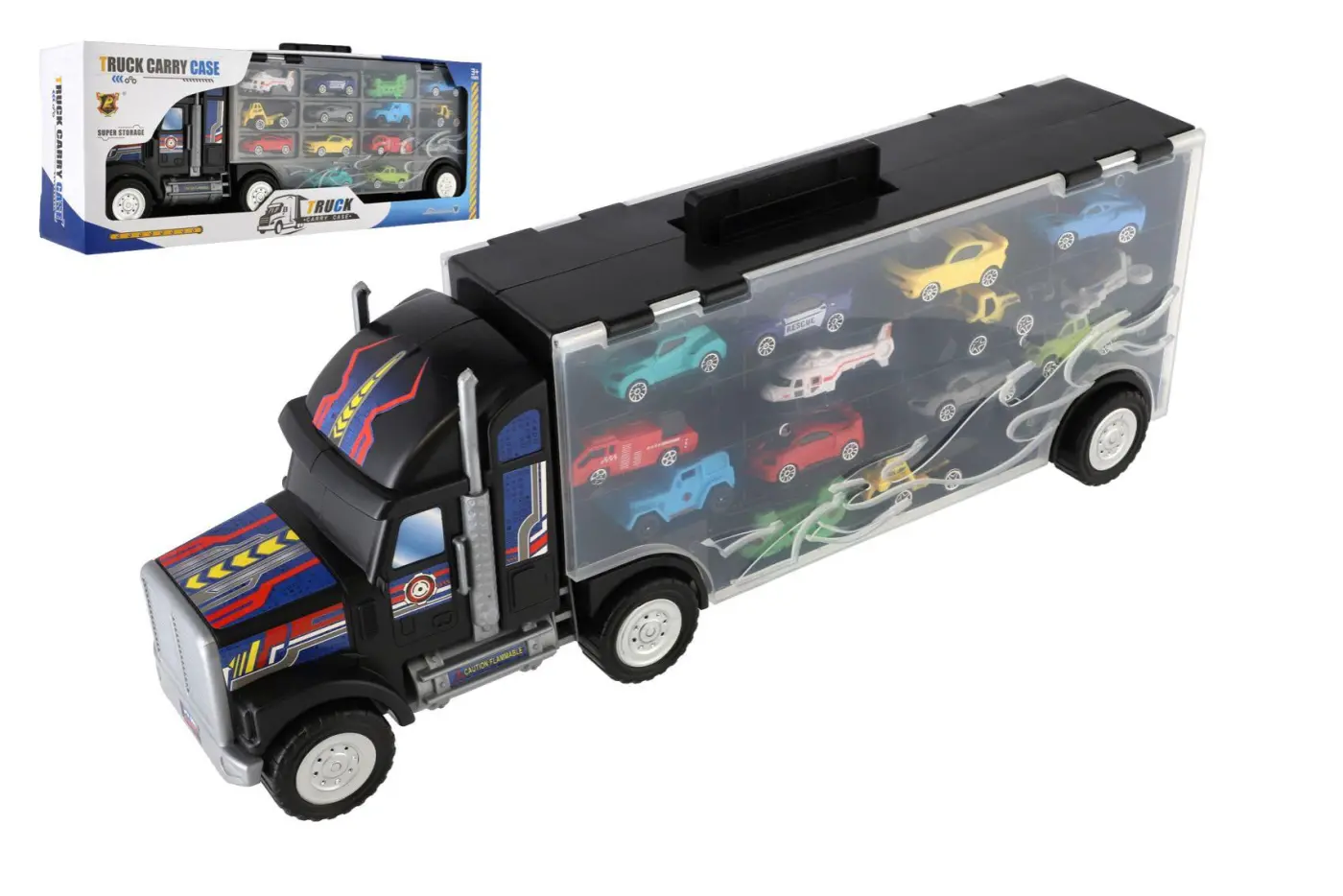 Teddies Auto kamion přepravník + dopravní prostředky plast 50cm na volný chod v krabici 51x18x10cm