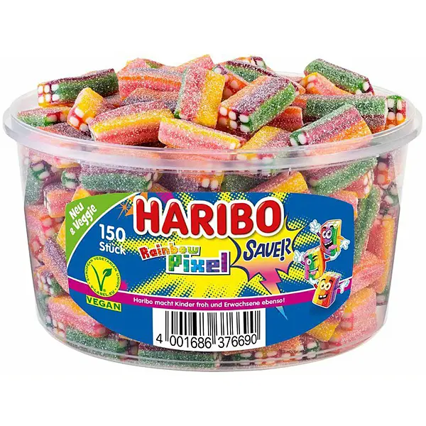 Haribo Rainbow Pixels - Kyselé želé ovocné bonbóny 1200g (dóza 150ks)