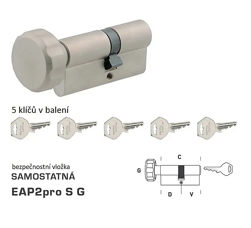 Bezpečnostní cylilndrická vložka DK - EAP2pro S G - s knoflíkem (NP - Nikl perla)