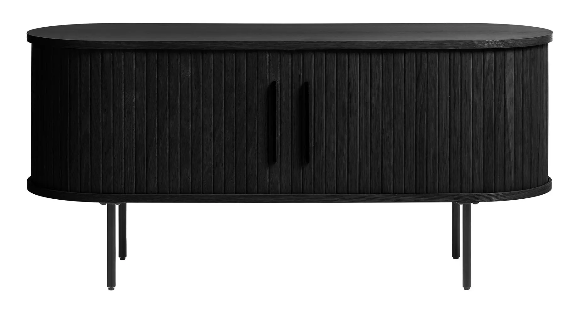 Estila Moderní oválný černý TV stolek Bornholm se dvěma posuvnými dvířky s lamelovým designem a kovovými nohami a úchyty 120 cm