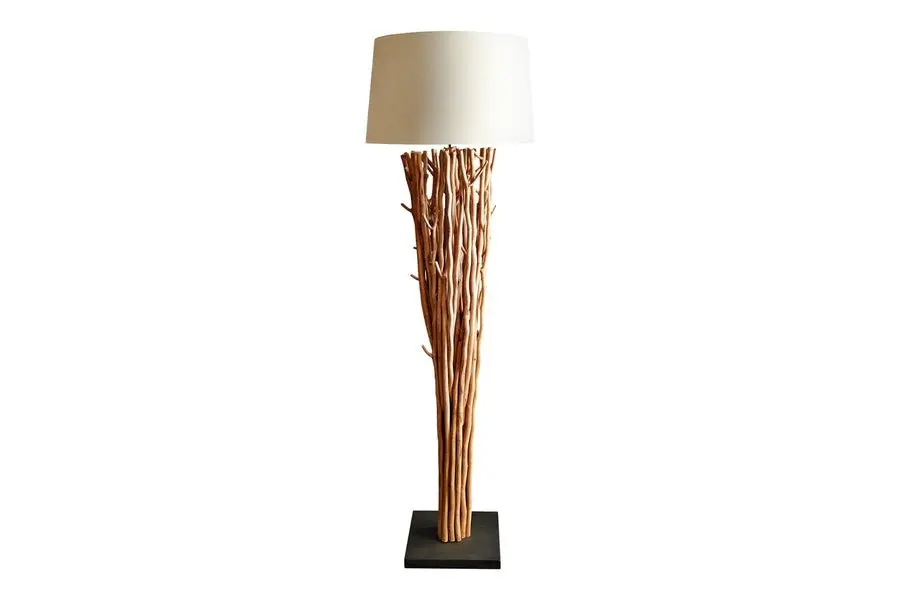 Estila Etno stojící lampa Euphoria z naplavených větví s kulatým krémovým lněným stínítkem a černou čtvercovou podstavou 175 cm