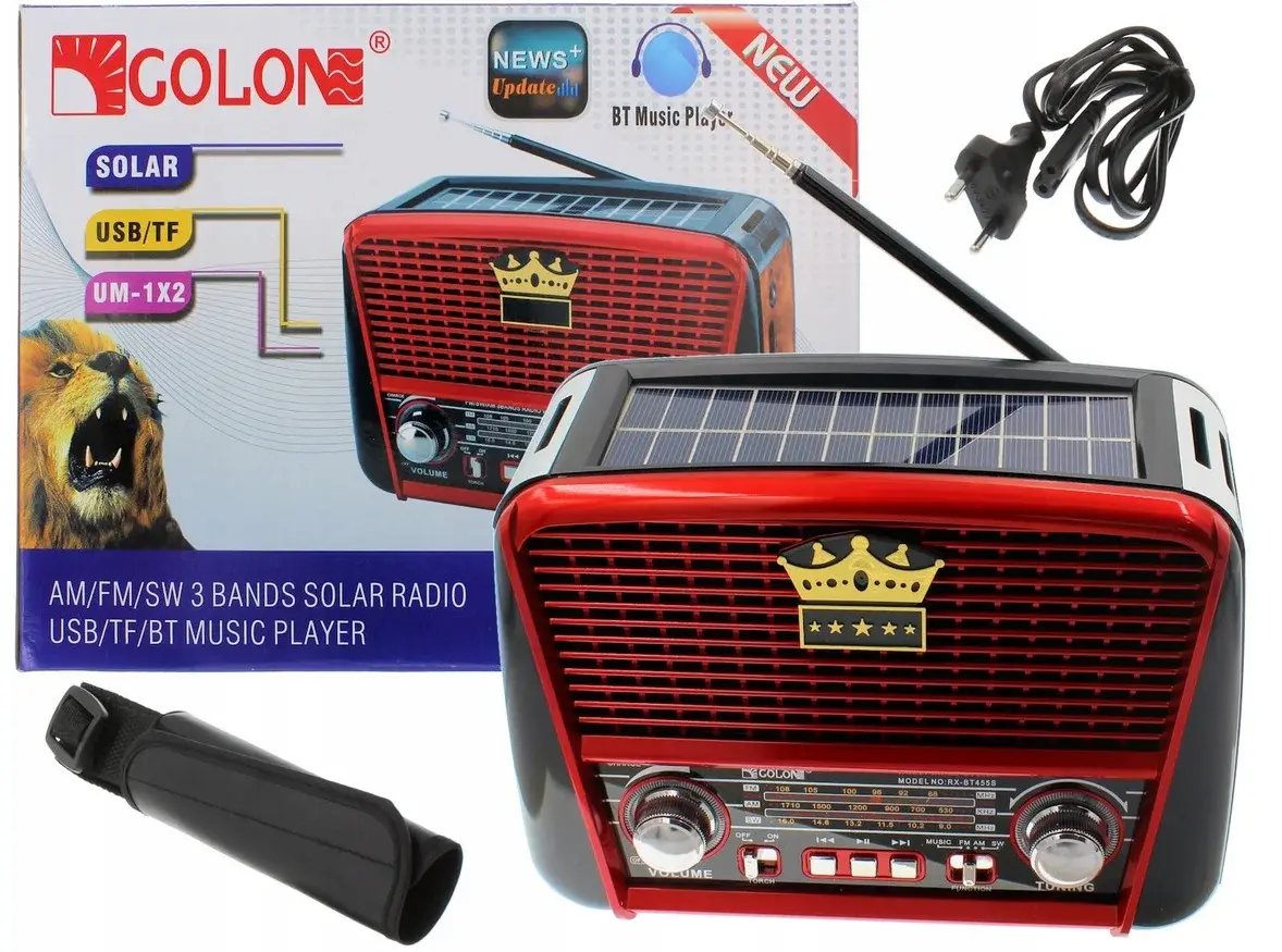 GOLON Přenosné rádio Golon RX-BT455S s Bluetooth, USB, TF, solárním napájením a dobíjecí baterií
