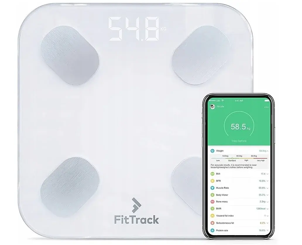 Digitální skleněná koupelnová váha FitTrack The Dara BMI - bílá
