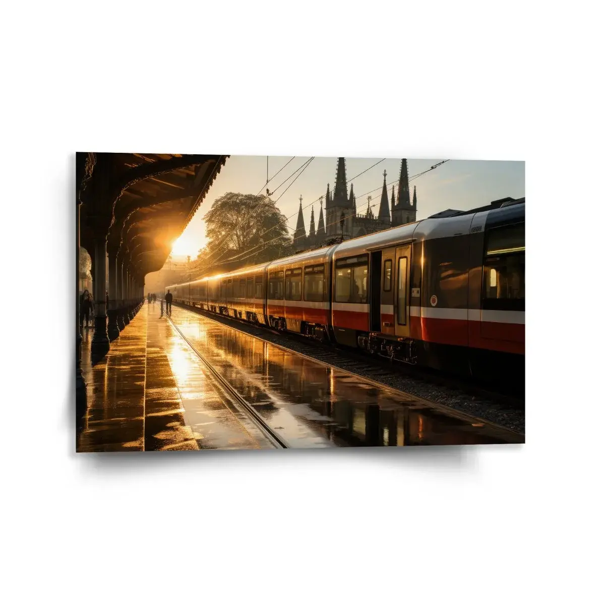 Obraz Vlak na nádraží při východu slunce - 120x80 cm