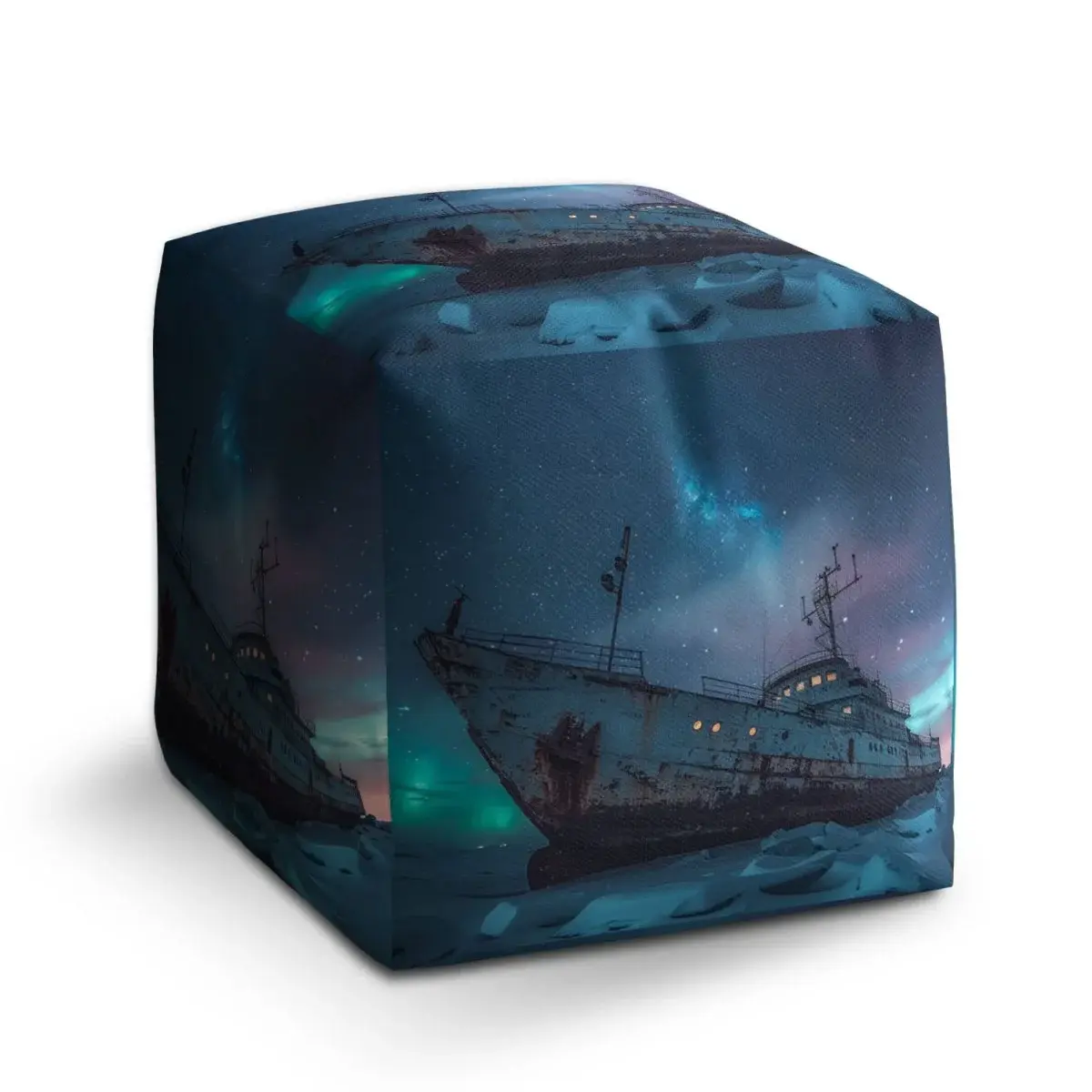 Taburet Cube Vrak lodi při polární záři - 40x40x40 cm