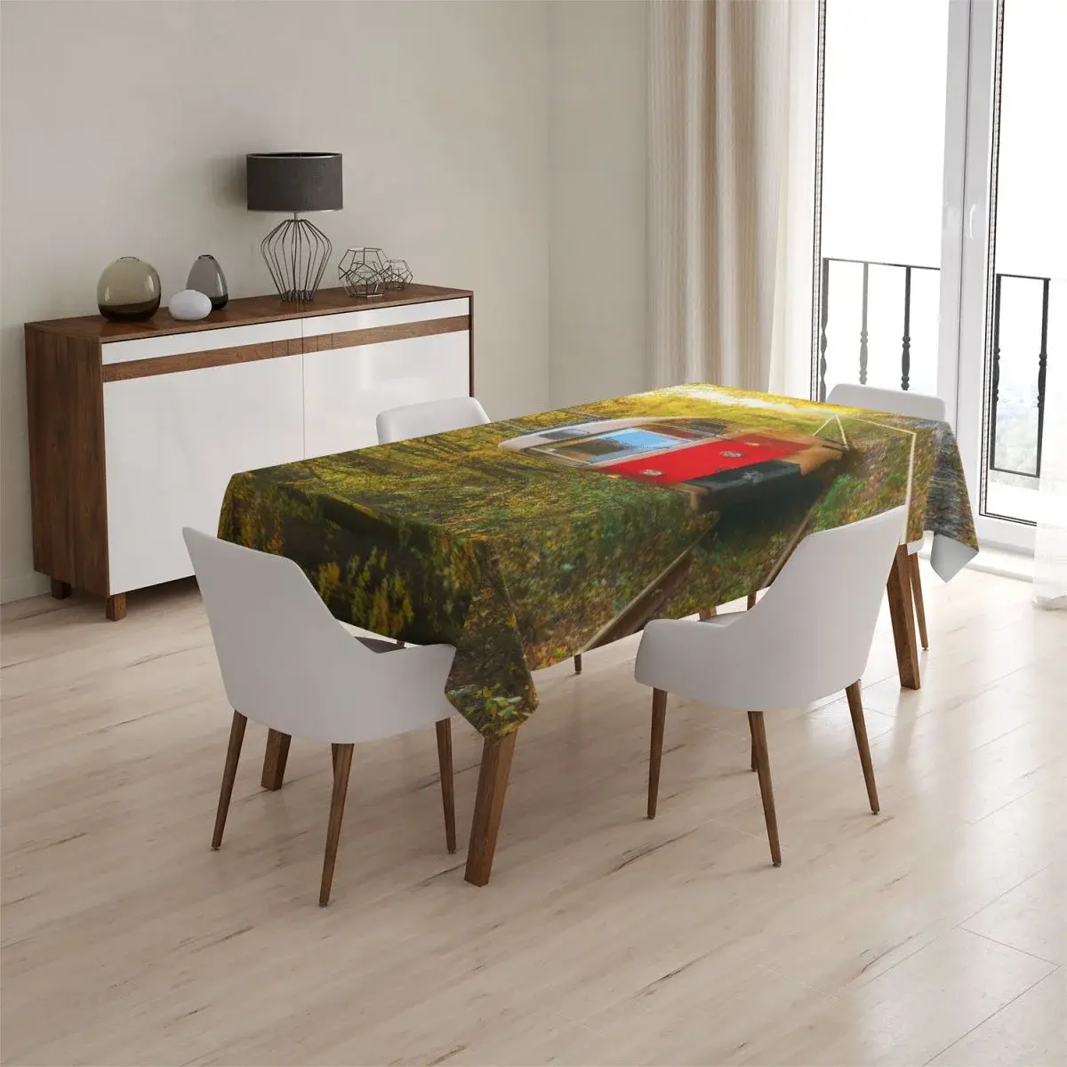 Ubrus Červená tramvaj v lese - 145x240 cm