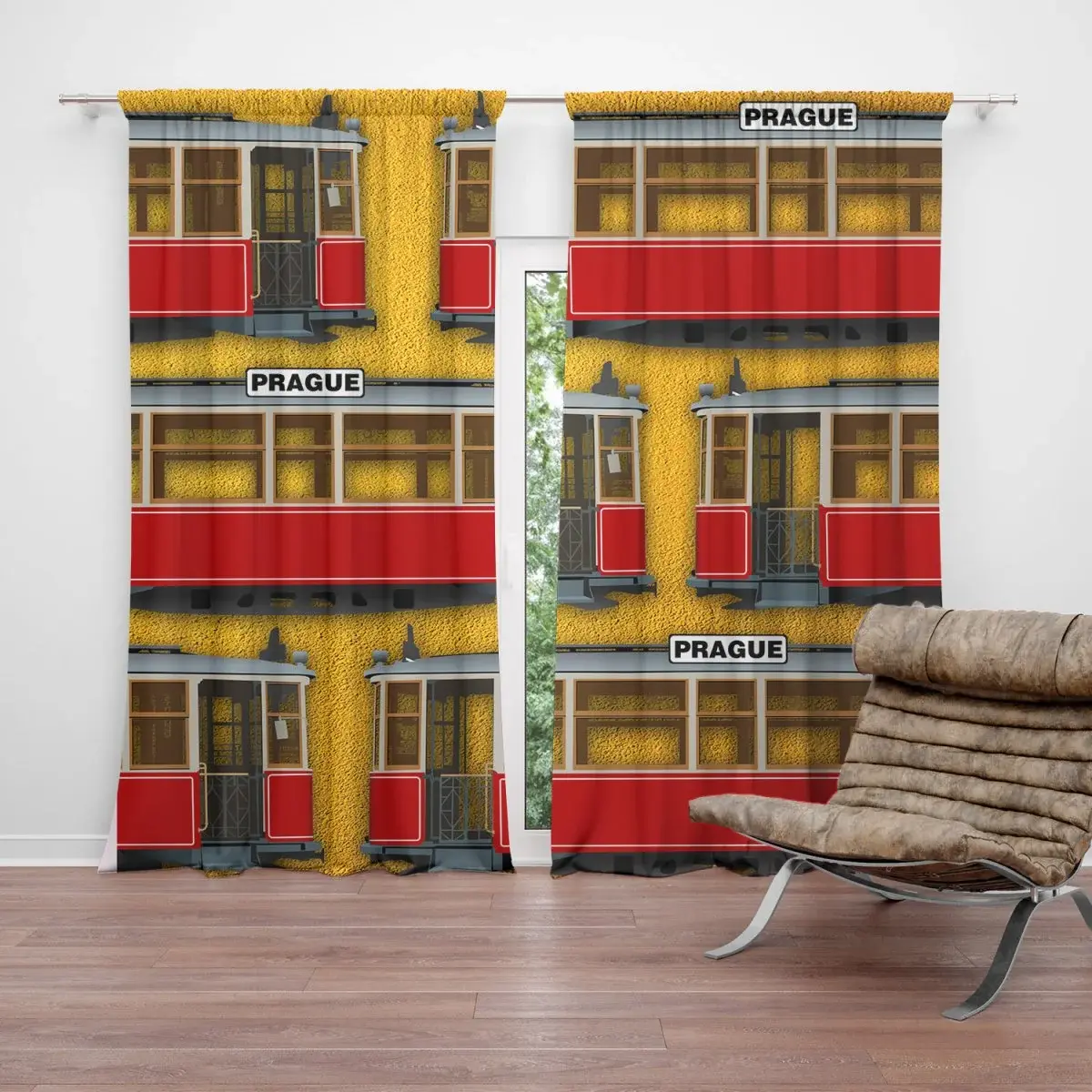 Závěs Pražské historické tramvaje Žlutý Pattern: 2ks 140x250cm