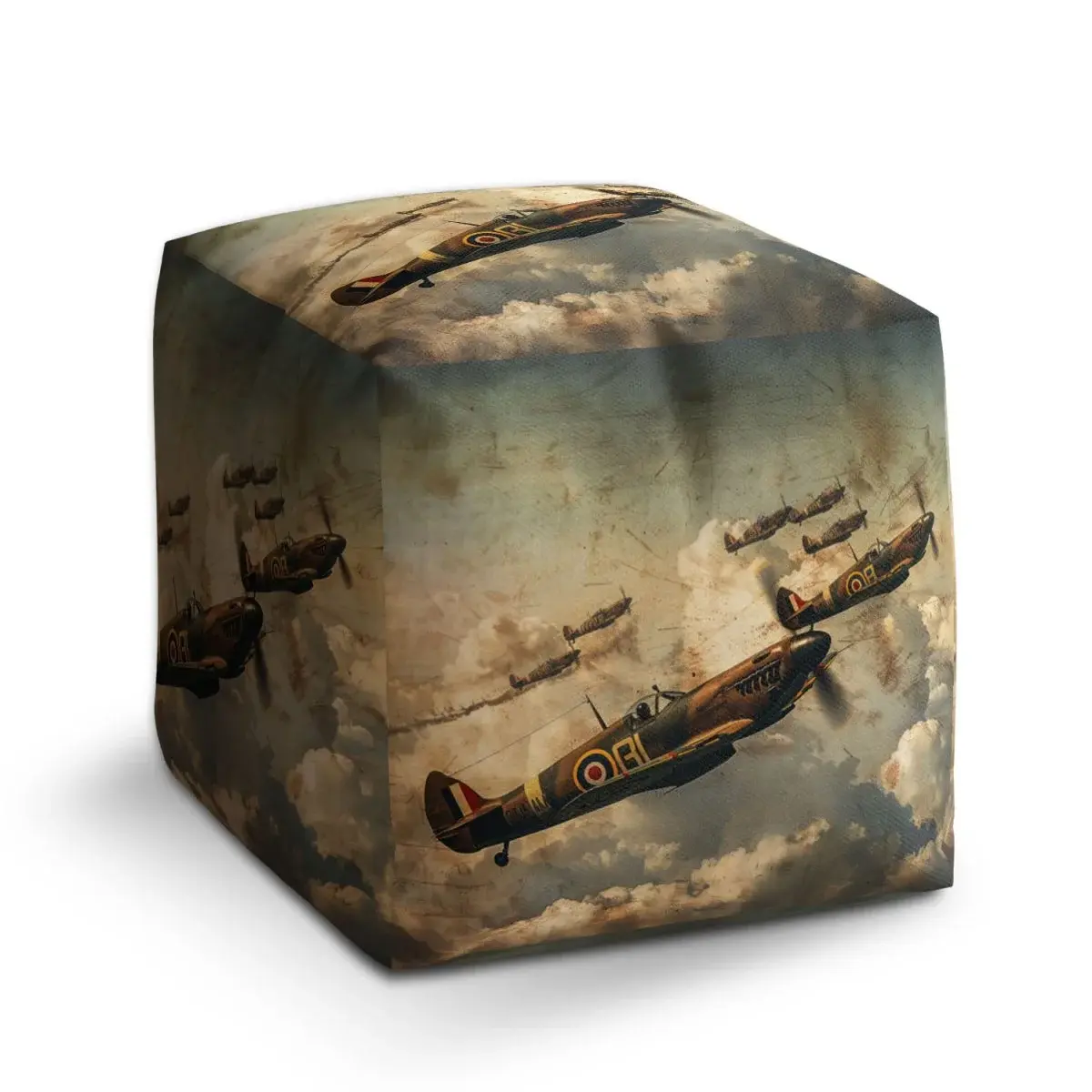 Taburet Cube Stíhačky Spitfire v letecké bitvě - 60x60x60 cm
