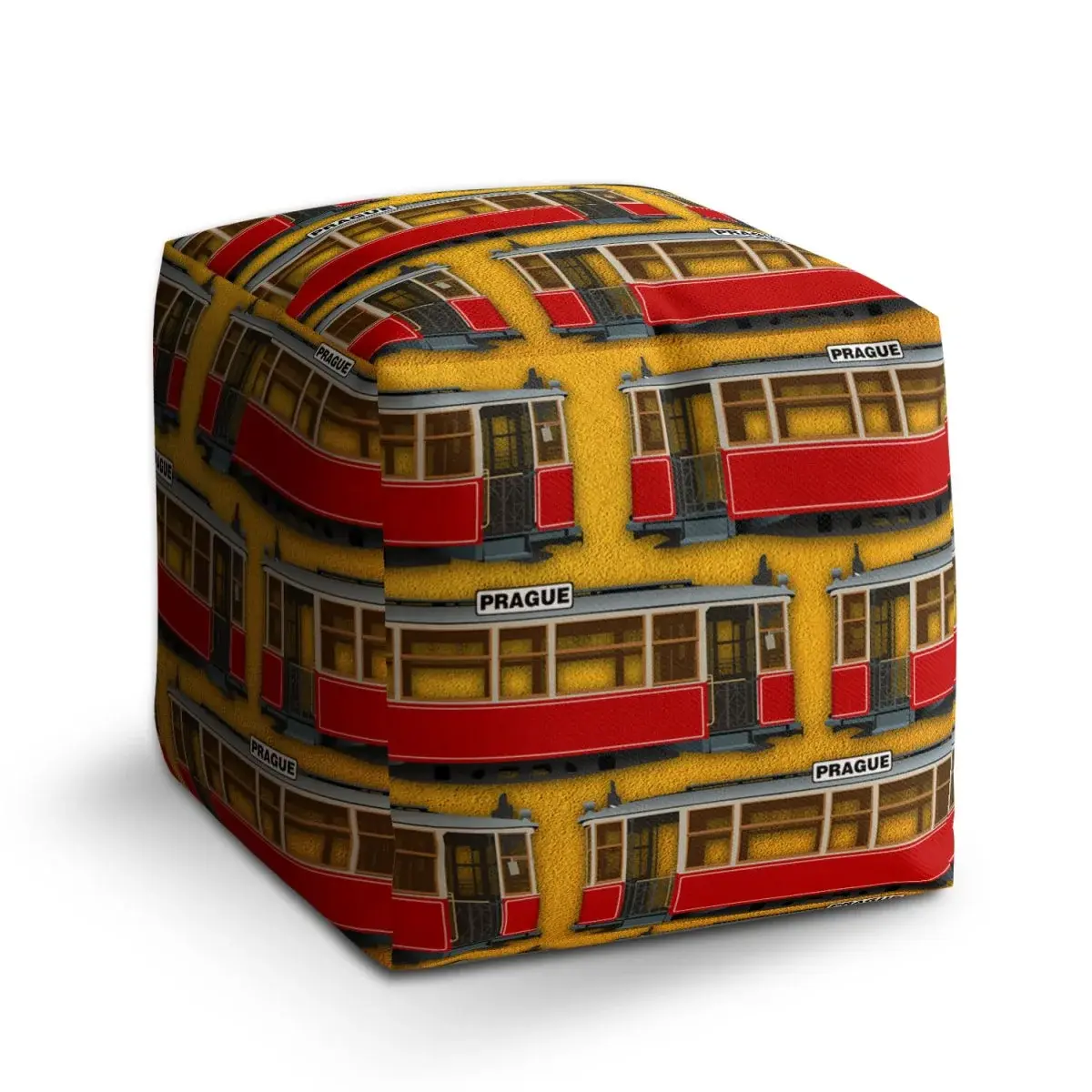 Taburet Cube Pražské historické tramvaje Žlutý Pattern - 40x40x40 cm