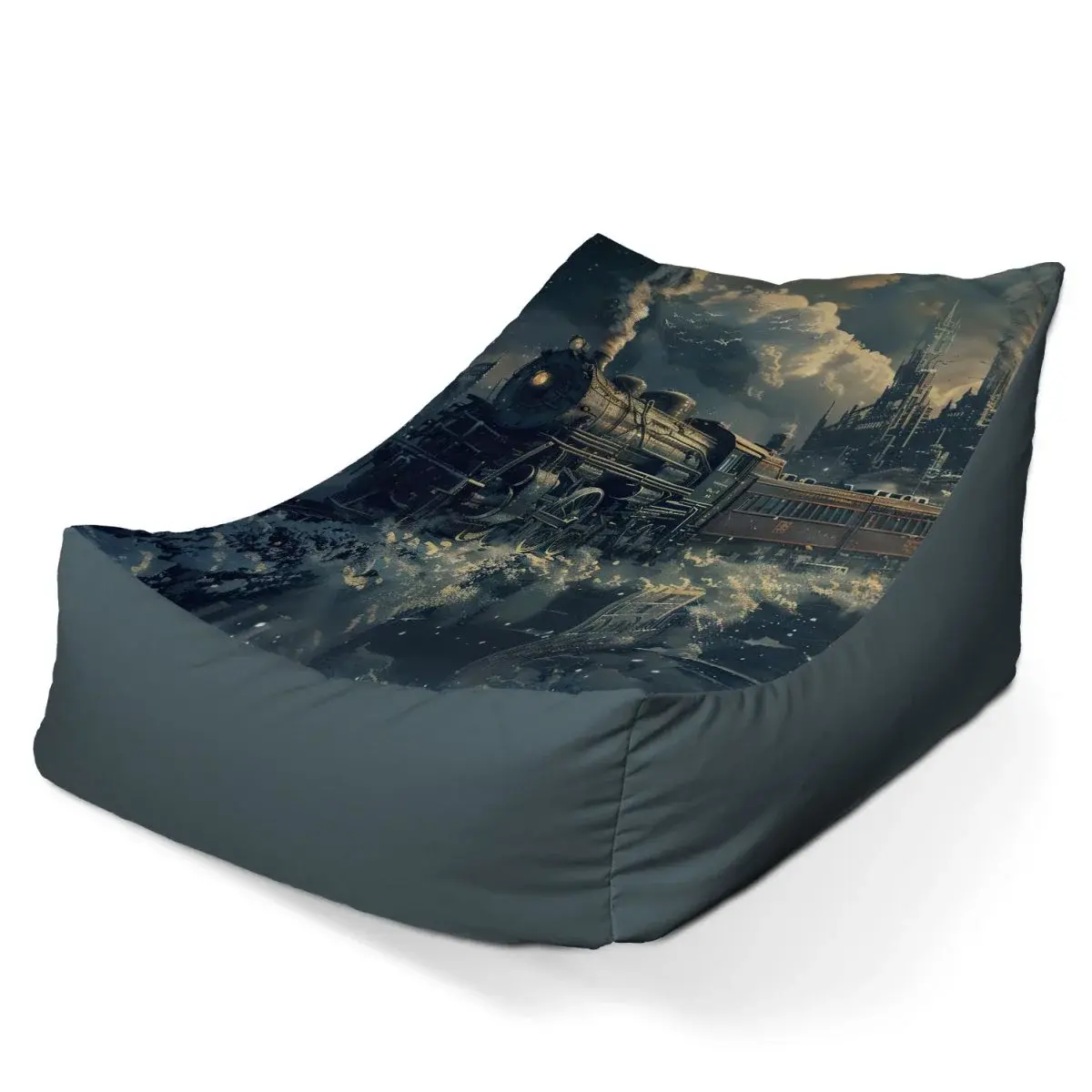 Sedací vak Lounge Parní lokomotiva v zasněženém městě - 80 x 95 x 50 cm