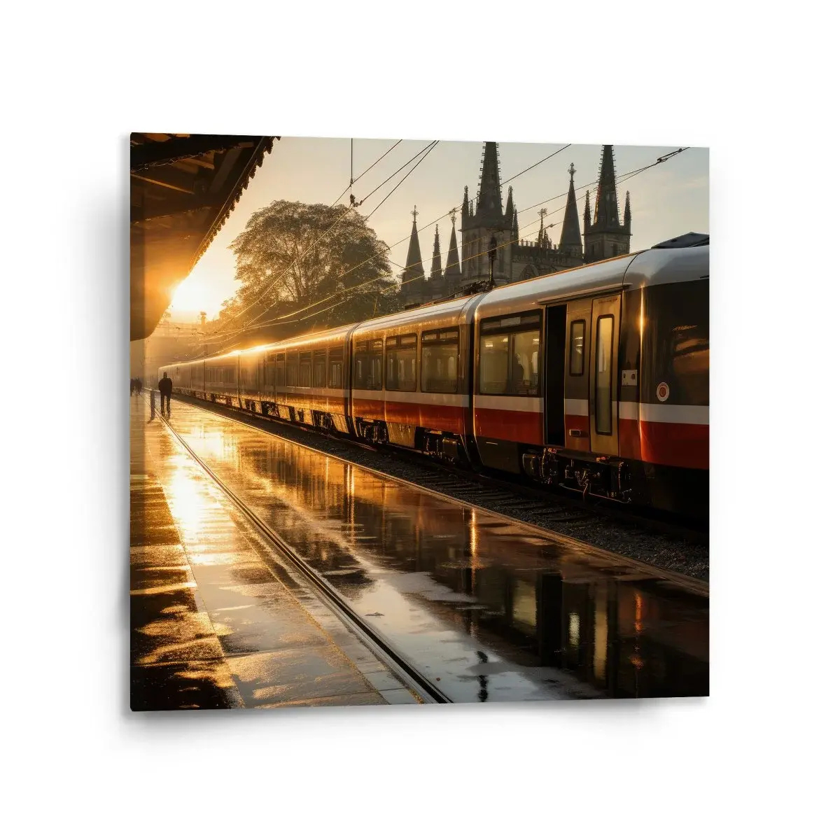 Obraz Vlak na nádraží při východu slunce - 110x110 cm