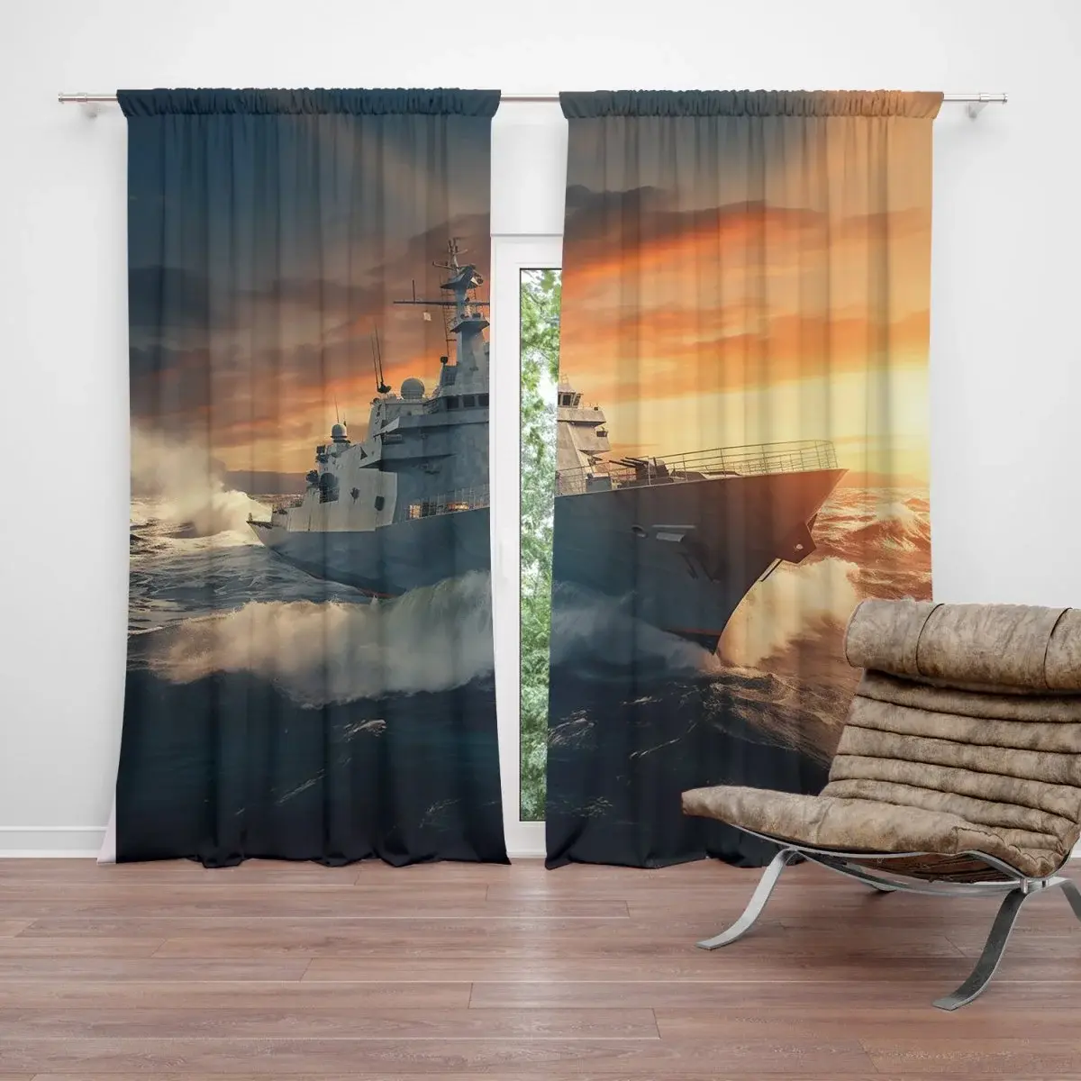 Závěs Válečná loď v rozbouřených vodách: 2ks 140x250cm