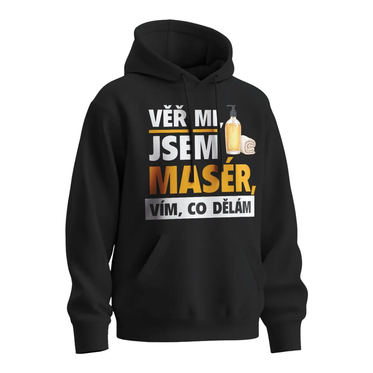 Mikina s potiskem Věř mi, jsem masér - černá