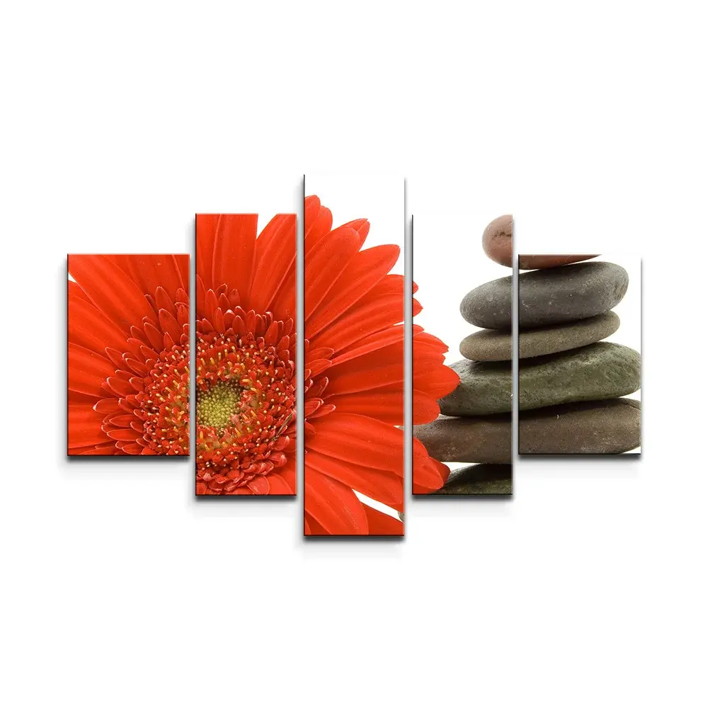 Obraz - 5-dílný Gerbera s kameny - 125x90 cm