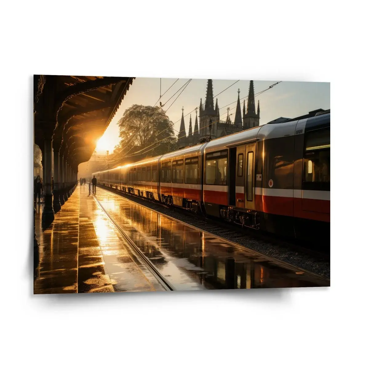 Obraz Vlak na nádraží při východu slunce - 150x110 cm