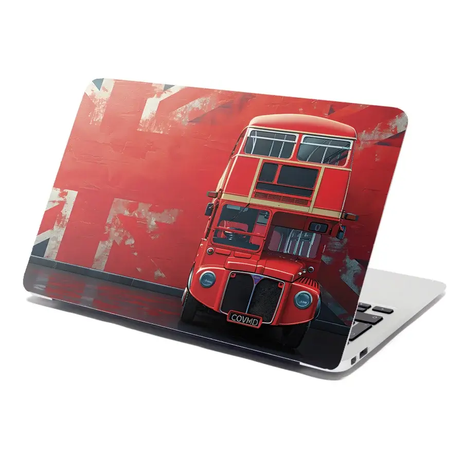 Samolepka na notebook Červený patrový autobus Vlajka - 38x26 cm