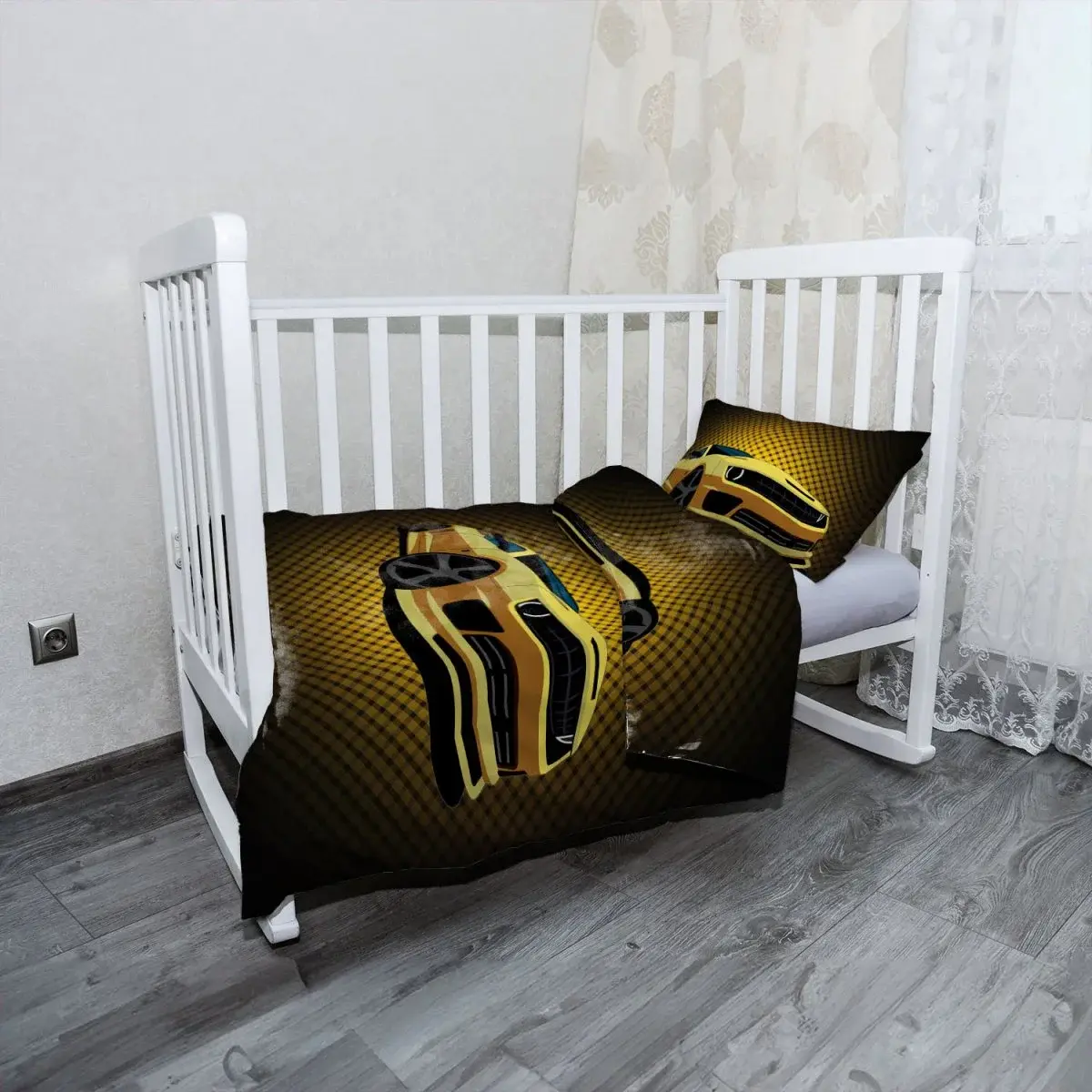 Mikroplyšové dětské povlečení do postýlky Chevrolet Camaro Žlutá mřížka - 100x135 / 40x60