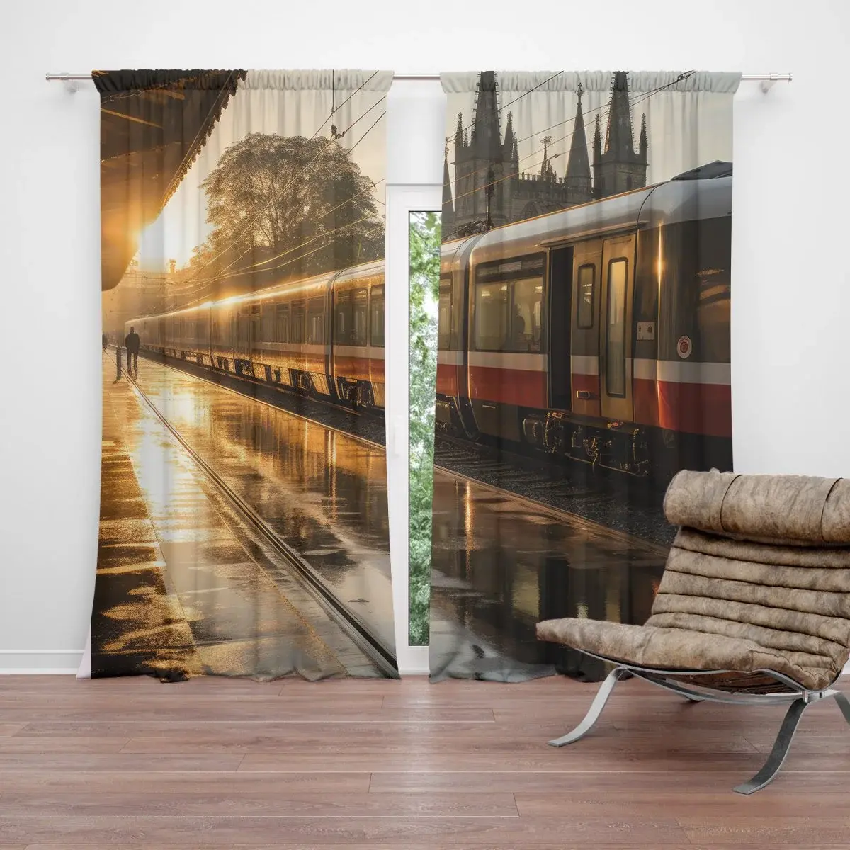 Závěs Vlak na nádraží při východu slunce: 2ks 140x250cm