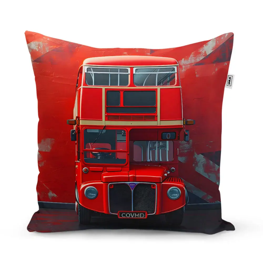 Polštář Červený patrový autobus Vlajka - 40x40 cm