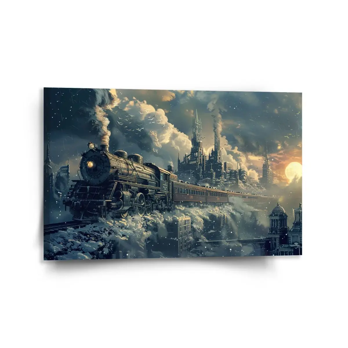 Obraz Parní lokomotiva v zasněženém městě - 120x80 cm
