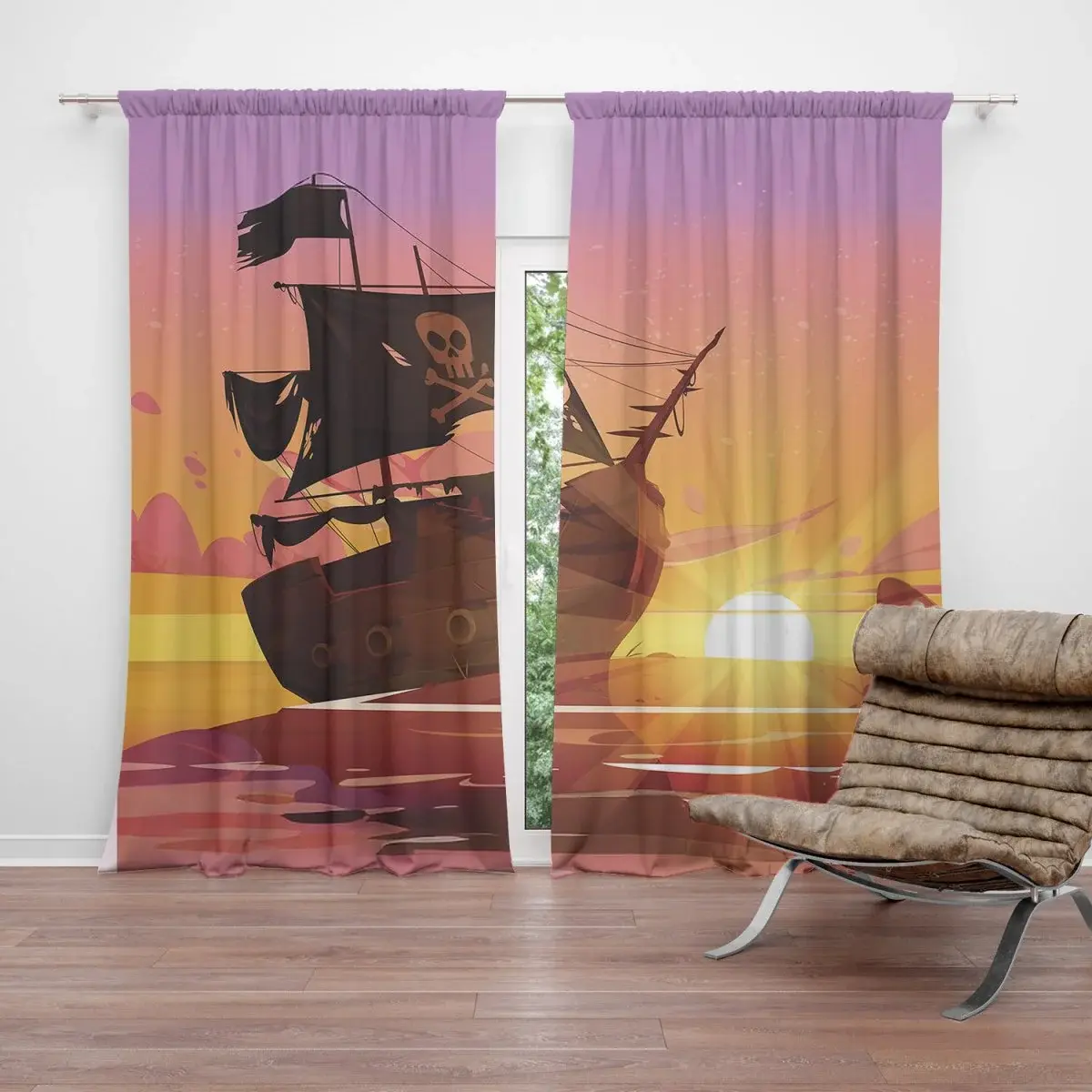 Závěs Pirátská loď při západu slunce: 2ks 140x250cm