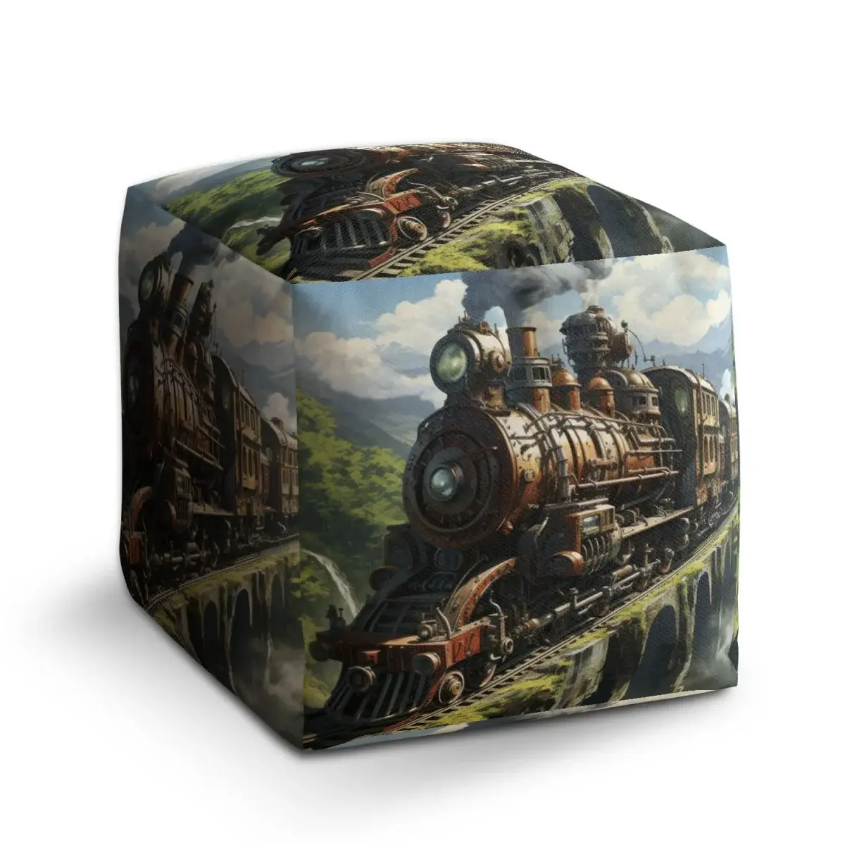 Taburet Cube Parní lokomotiva na viaduktu - 40x40x40 cm
