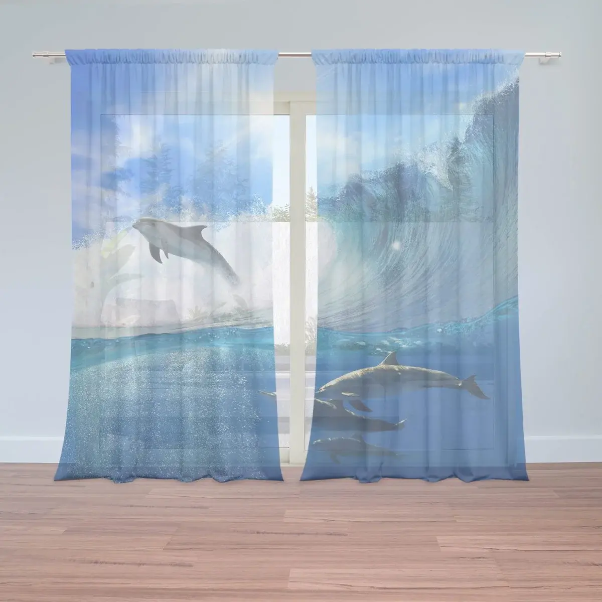 Záclony Delfíni ve vlnách: 2ks 150x250cm