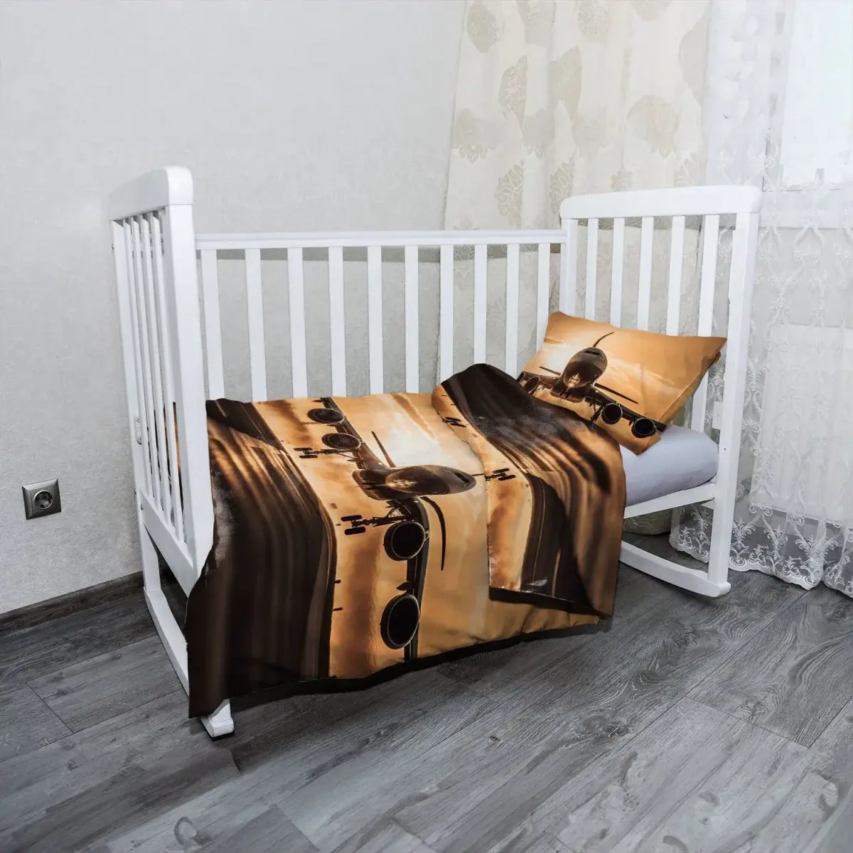 Mikroplyšové dětské povlečení do postýlky Letadlo přistávající při západu slunce - 120x90 / 40x60