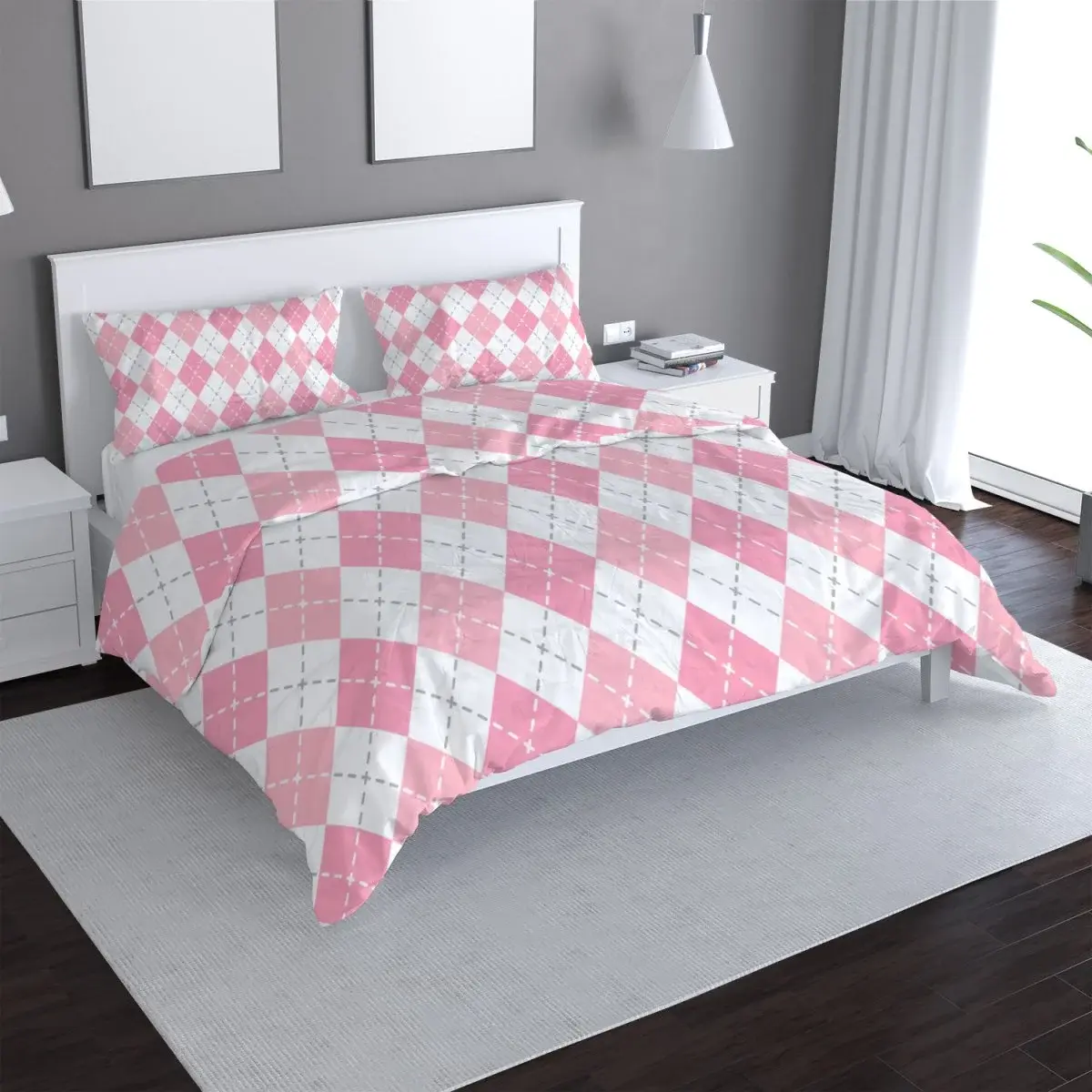 Povlečení Růžové a bílé kosočtverečky - 140x220 / 90x70
