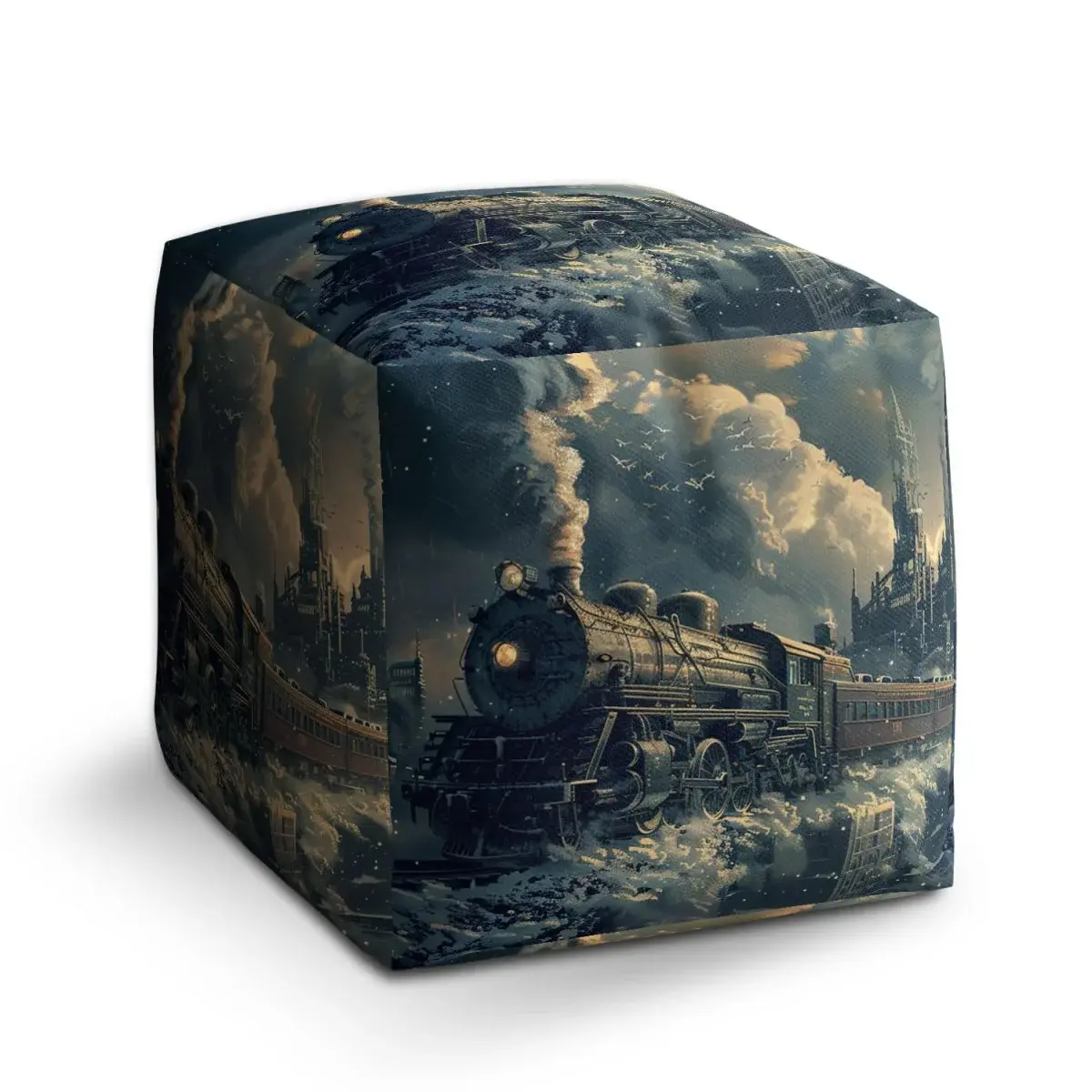 Taburet Cube Parní lokomotiva v zasněženém městě - 40x40x40 cm