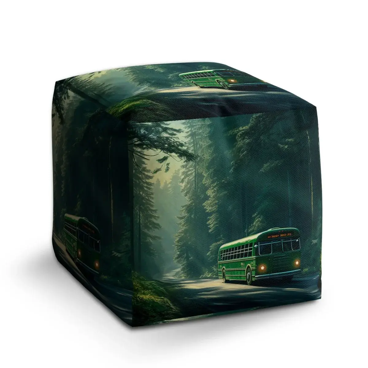 Taburet Cube Zelený autobus v lese - 60x60x60 cm