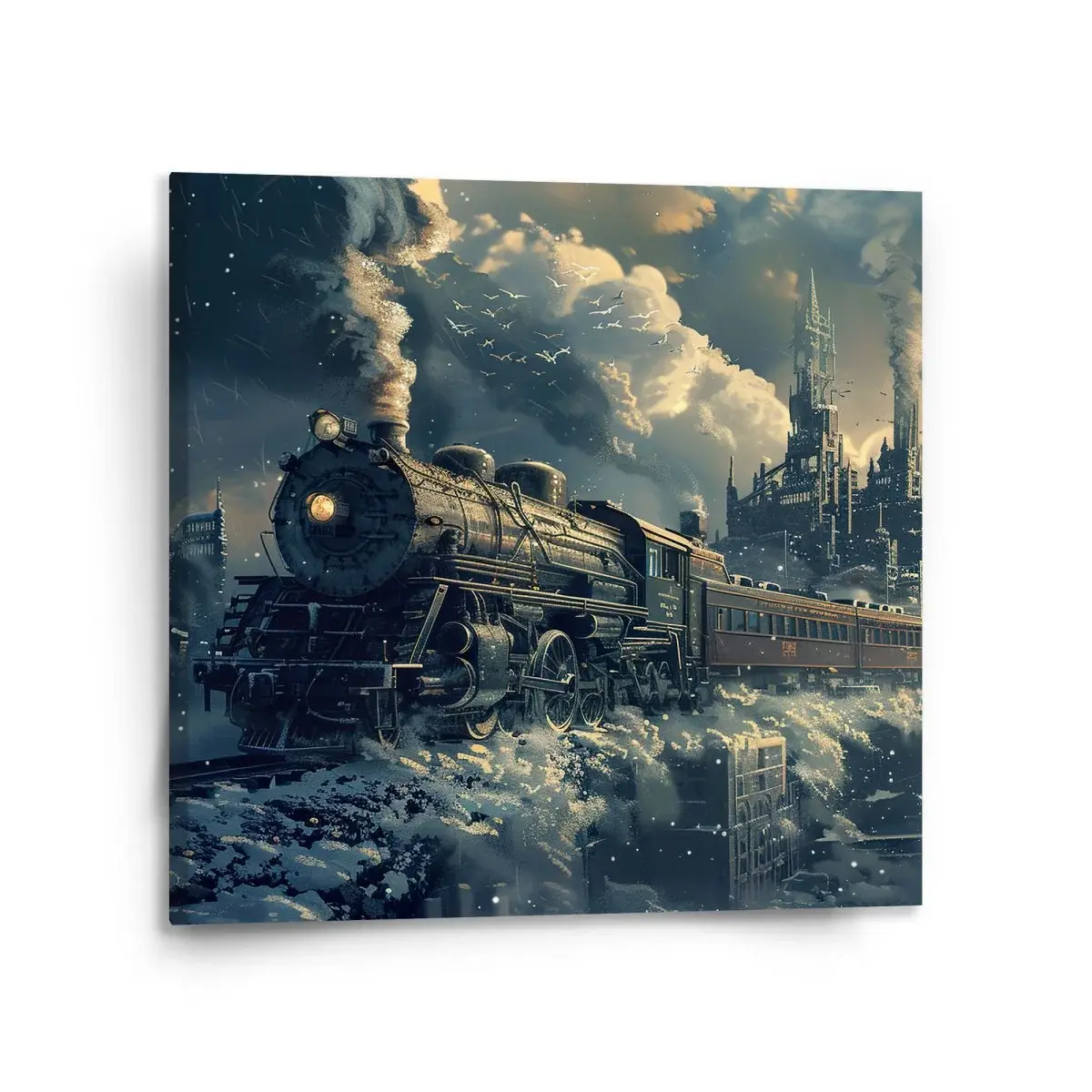 Obraz Parní lokomotiva v zasněženém městě - 110x110 cm
