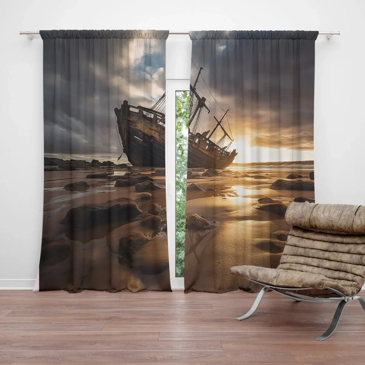 Závěs Vrak lodi při západu slunce: 2ks 140x250cm