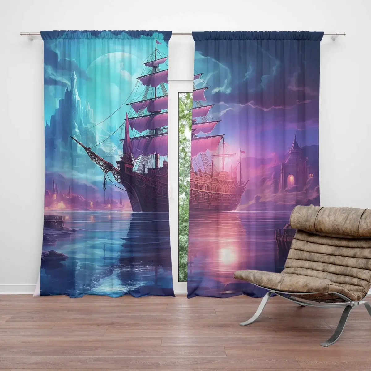 Závěs Magická plachetnice pod měsícem: 2ks 140x250cm