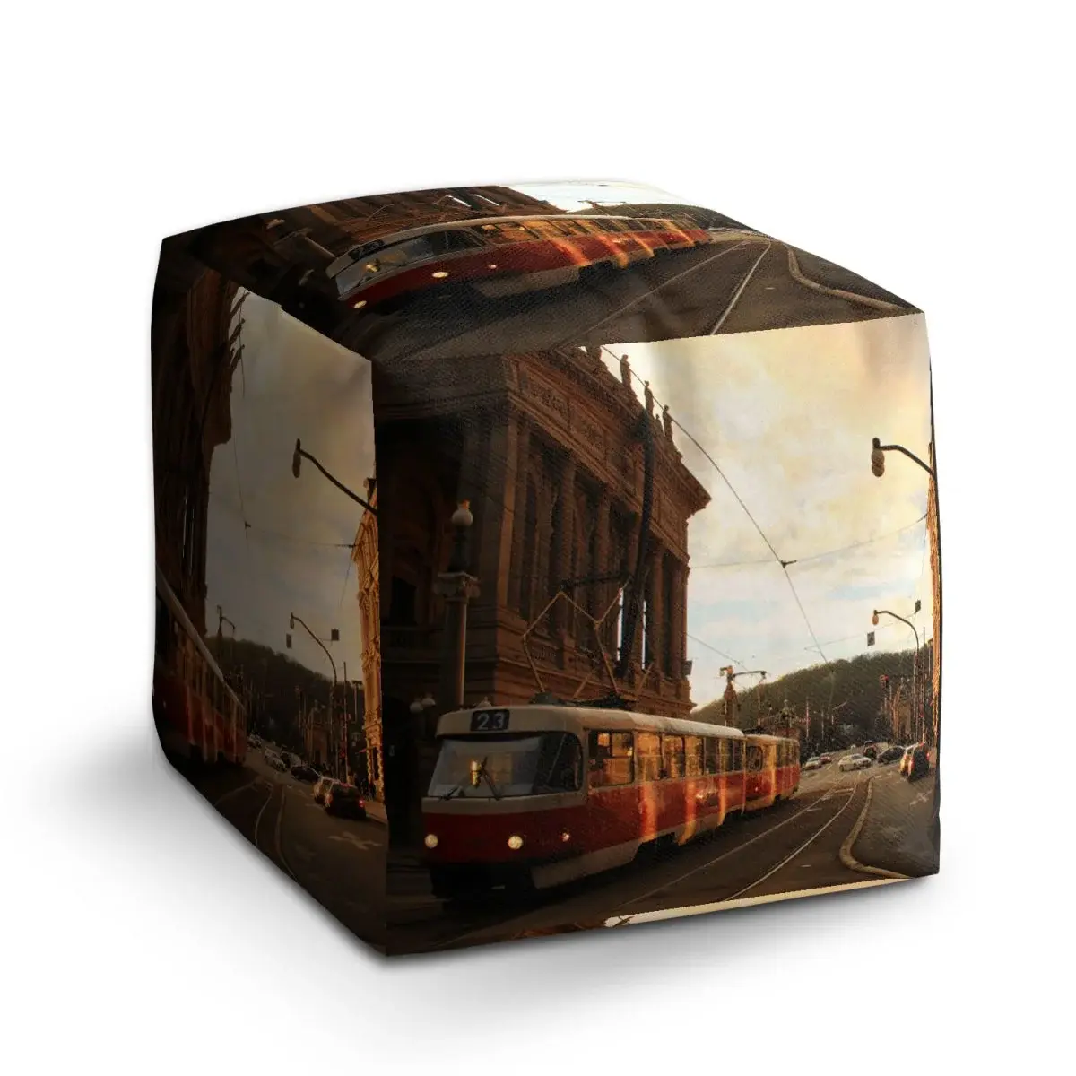 Taburet Cube Tramvaj v historickém městě - 40x40x40 cm