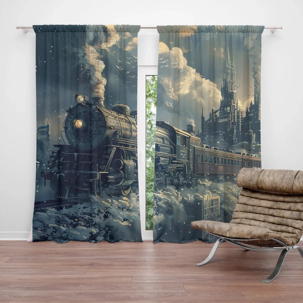 Závěs Parní lokomotiva v zasněženém městě: 2ks 140x250cm