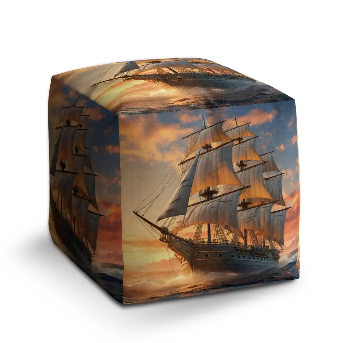 Taburet Cube Plachetnice ve vlnách při východu slunce - 50x50x50 cm