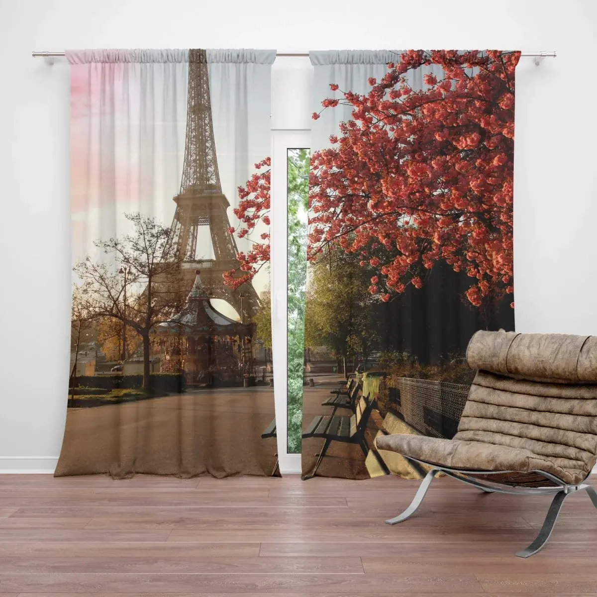 Závěs Eiffelova věž a červený strom: 2ks 140x250cm