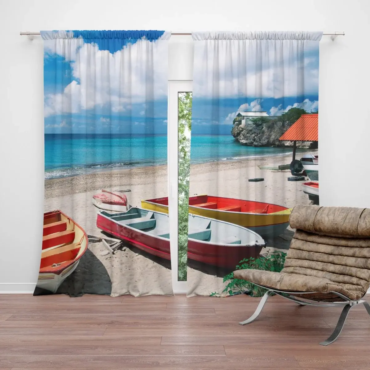 Závěs Loďky na pláži: 2ks 140x250cm