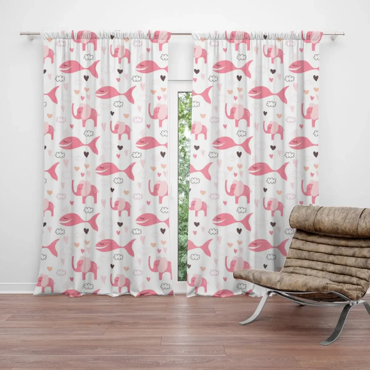 Závěs Růžové rybky a sloni: 2ks 140x250cm