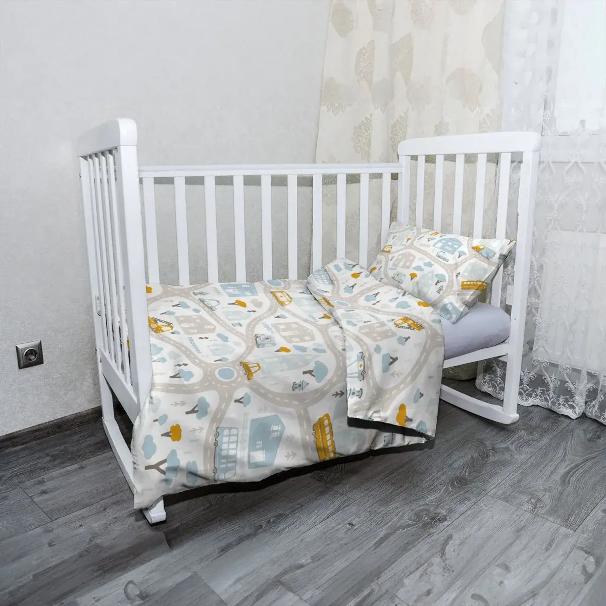 Mikroplyšové dětské povlečení do postýlky Cestičky s dopravou - 120x90 / 40x60