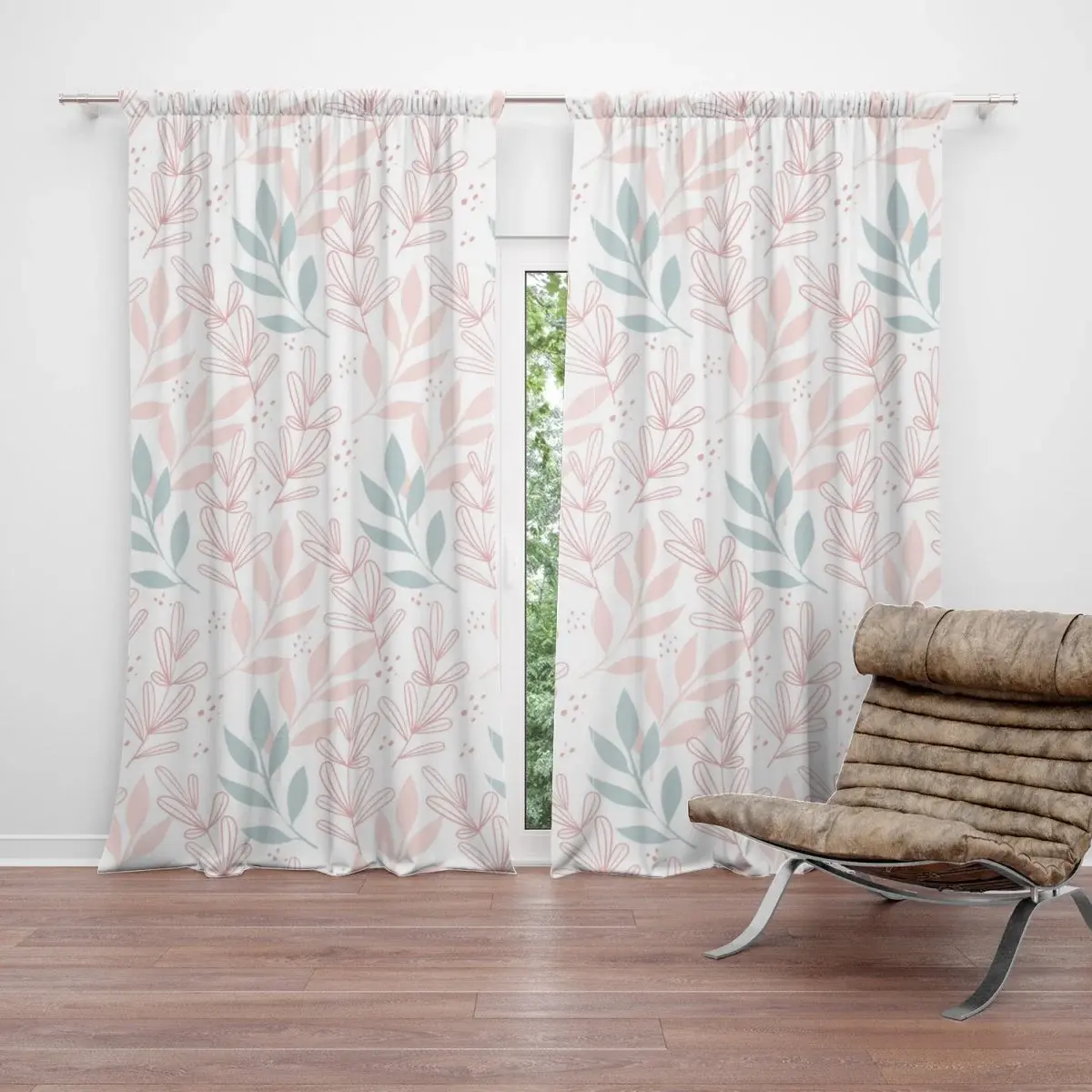 Závěs Růžové a modré lístky: 2ks 140x250cm