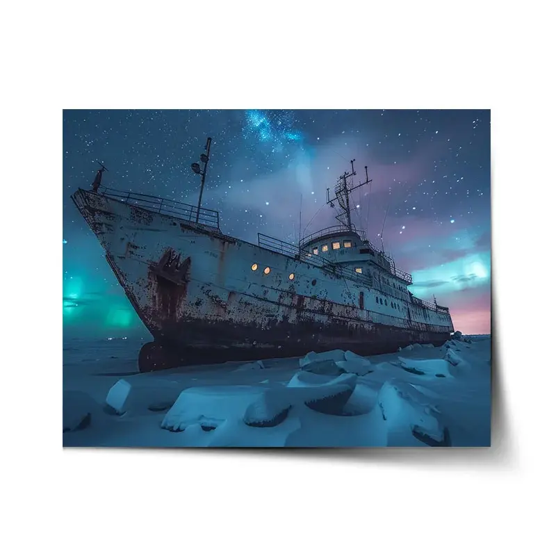 Plakát Vrak lodi při polární záři - 120x80 cm